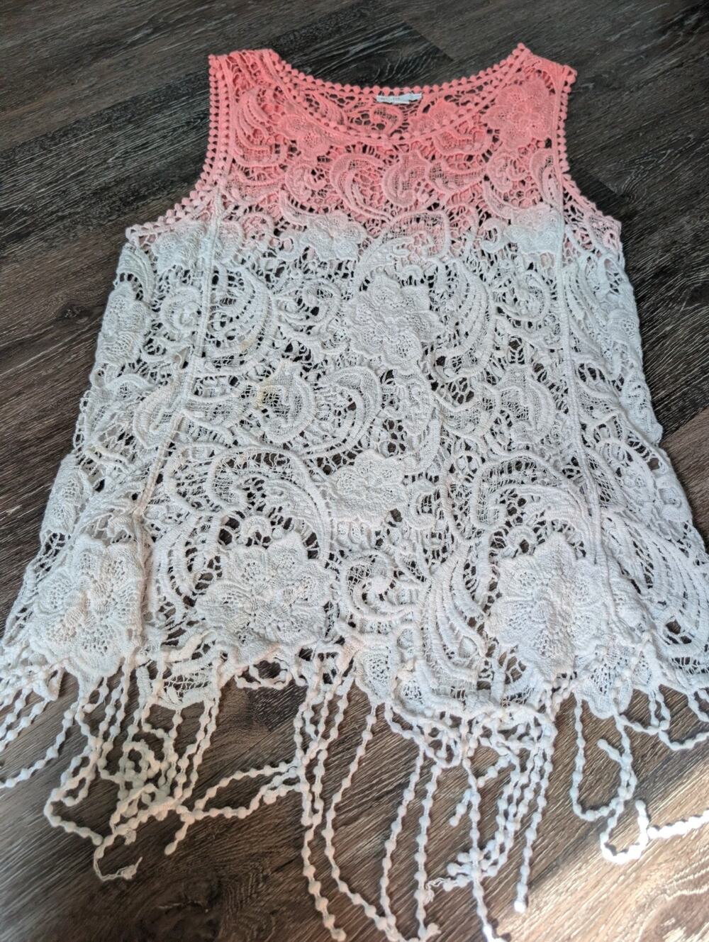 EST. 1946 Crochet Lace Bikini Swim Cover Up Pink White Ombre Fringe Tank Small
